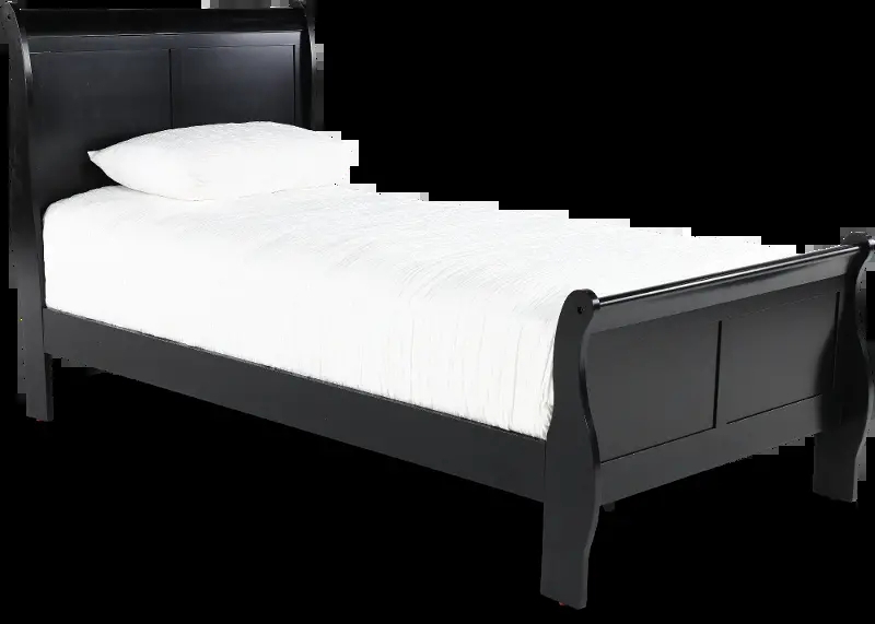 Sleigh Bed Black Finish Recessed Panels Tapered Legs Classic Bedroom
