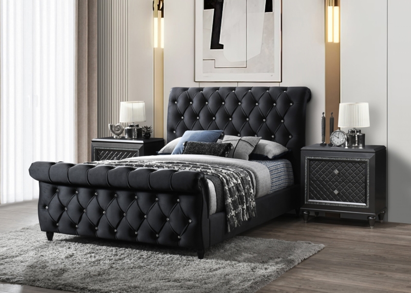 Sleigh Bed Black Velvet Diamond Tufted Glam Bedroom Furniture