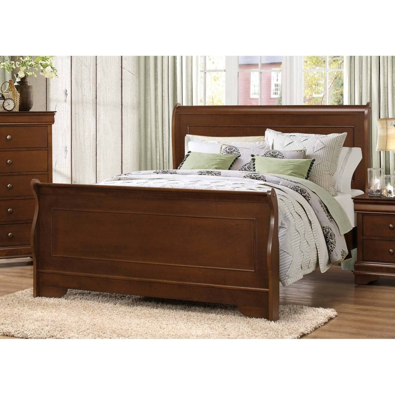 Sleigh Bed Brown Cherry Finish Scrolled Headboard Traditional Style