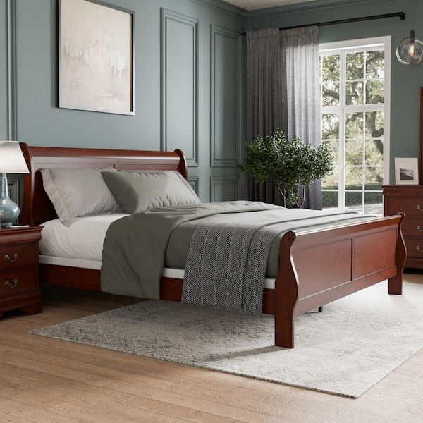 Sleigh Bed Cherry Wood Finish Traditional Curved Headboard Silhouette