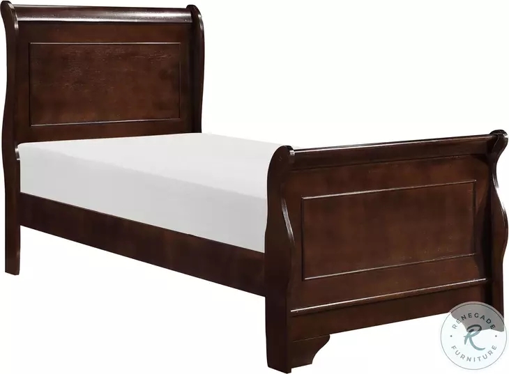 Sleigh Bed Dark Cherry Finish Recessed Panels Bracket Feet