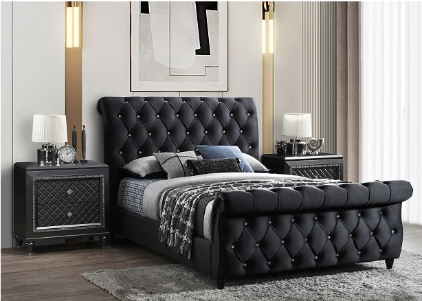 Sleigh Bed Frame Black Velvet Crystal Tufting Glam Style