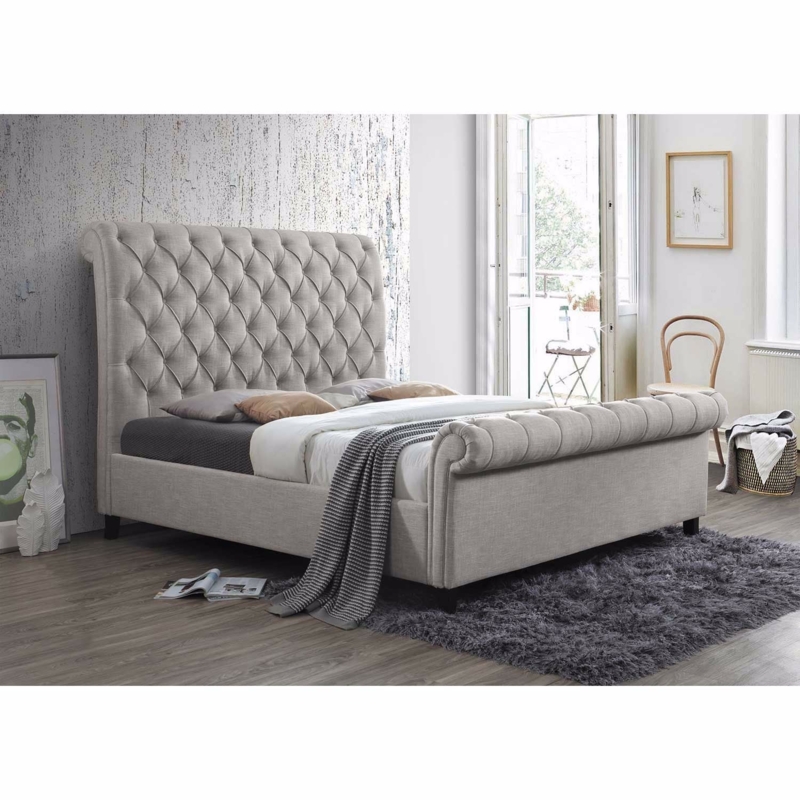 Sleigh Bed Oatmeal Upholstered with Rolled Tufted Footboard