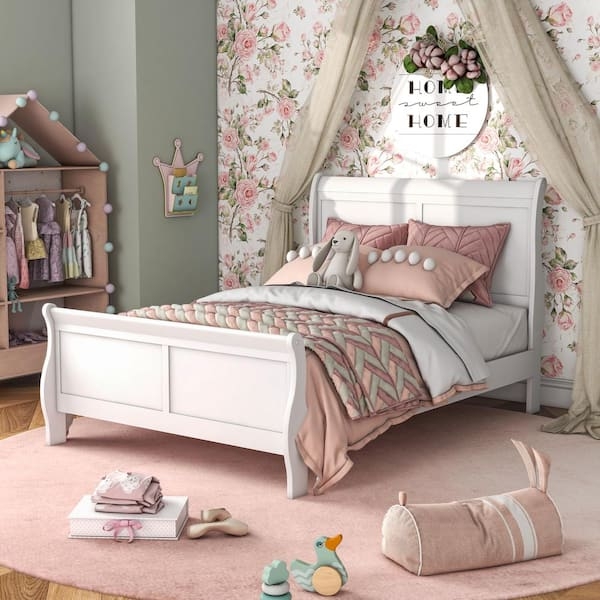 Sleigh Bed Painted White Finish Slat Kit Curved Headboard Whimsical