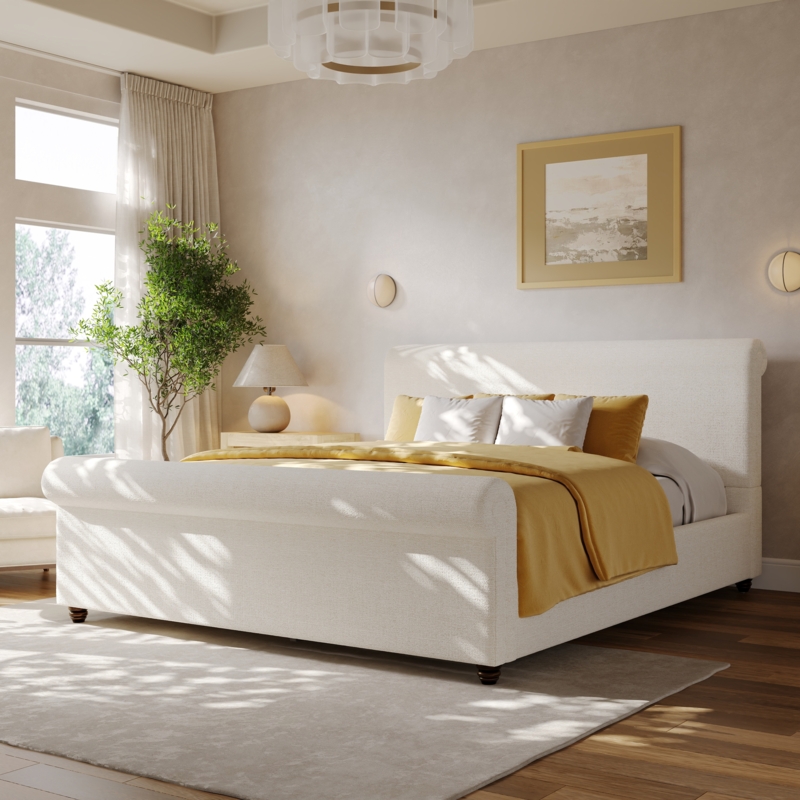 Sleigh Bed Rolled Headboard Turned Legs Cream Linen Like Upholstery