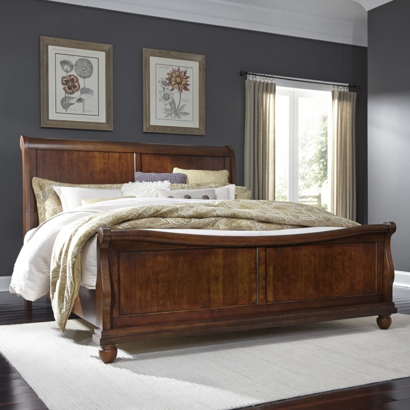 Sleigh Bed, Traditional Dark Brown Wood with Bun Feet