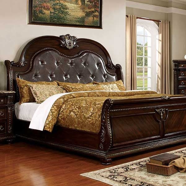 Sleigh Bed Tufted Leather Insert Ornate Crest