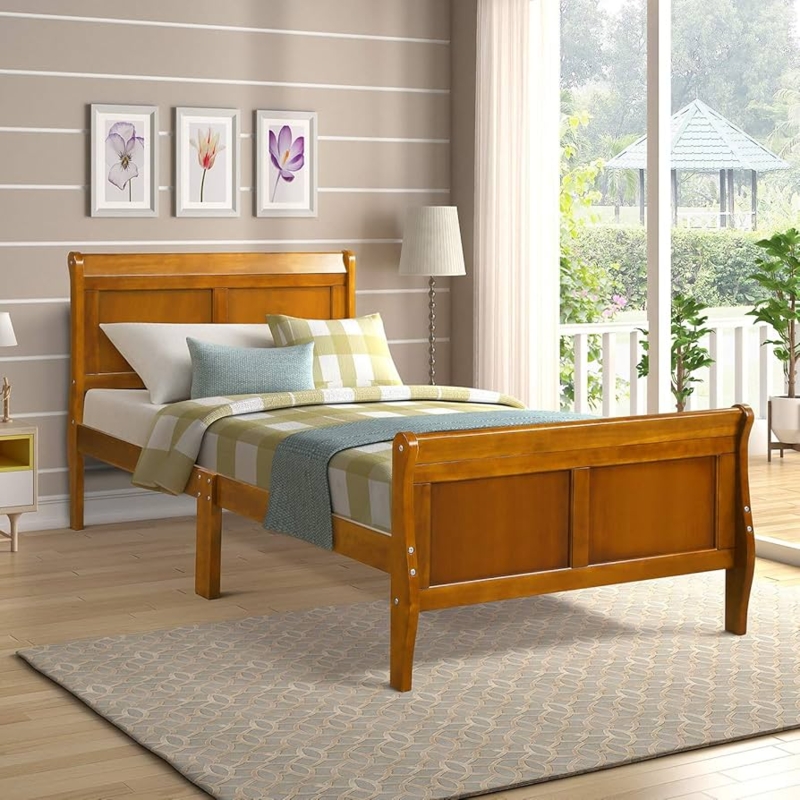 Sleigh Bed Walnut Finish Paneled Design Tapered Legs Wood Platform