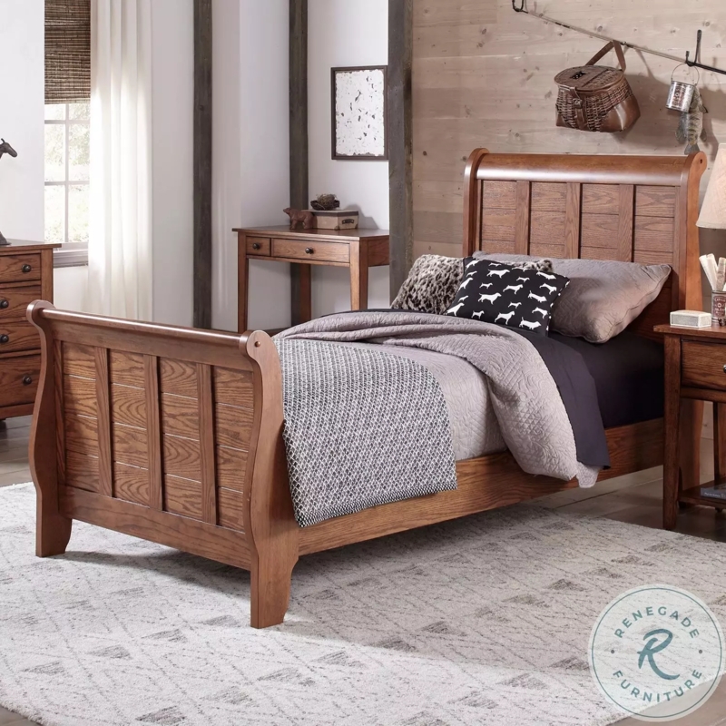 Sleigh Bed Warm Wood Grain Paneled Headboard Rustic Cabin Style