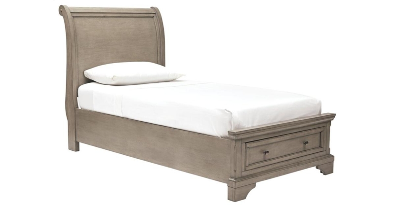 Sleigh Bed Weathered Gray Finish Footboard Storage Drawer