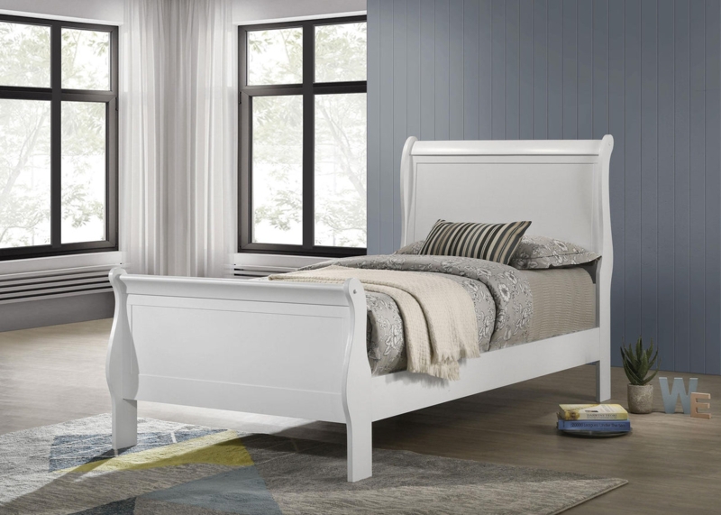 Sleigh Bed White Finish Curved Panels Louis Philippe Style Bed