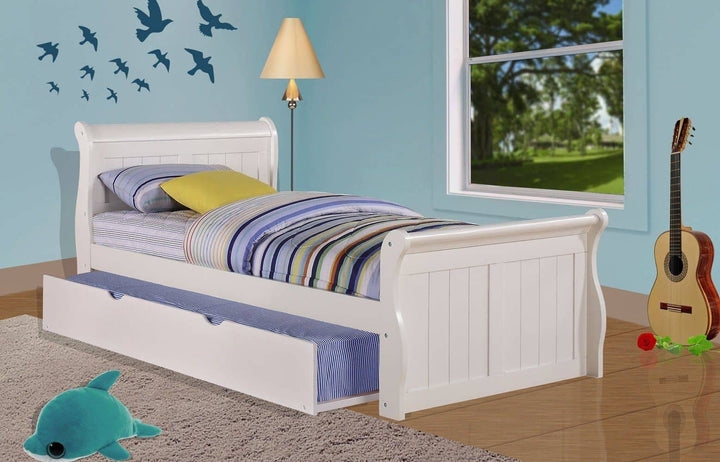 Sleigh Bed White Painted Finish Trundle Drawer Kids Room Furniture
