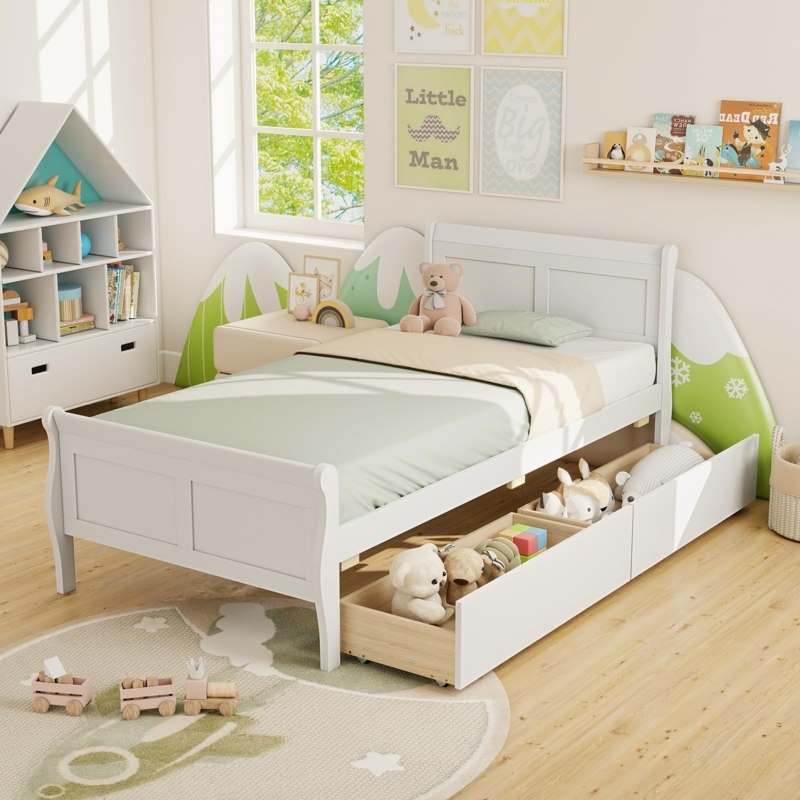 Sleigh Bed White Twin Frame with Underbed Storage Drawers