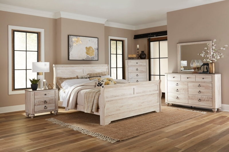 Sleigh Bed Whitewashed Finish Distressed Wood Modern Farmhouse Bedroom