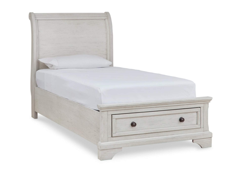 Sleigh Bed Whitewashed Grain Storage Footboard Bracket Feet Coastal