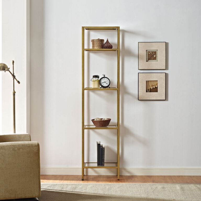 Slender Five-Tier Etagere, Brushed Metal and Glass Shelving