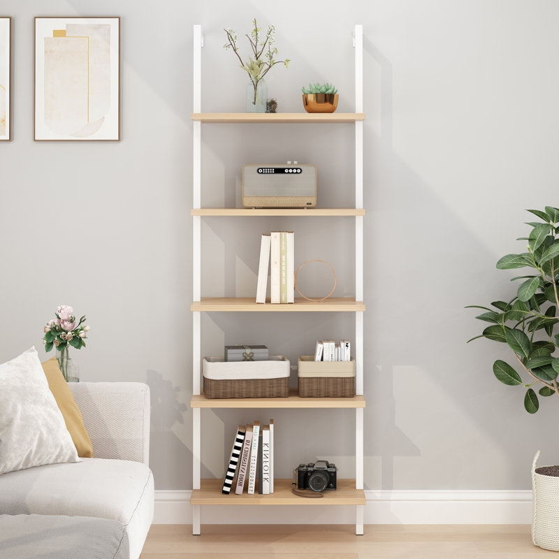 Slender White Metal Ladder Bookcase with Light Wood Toned Shelves