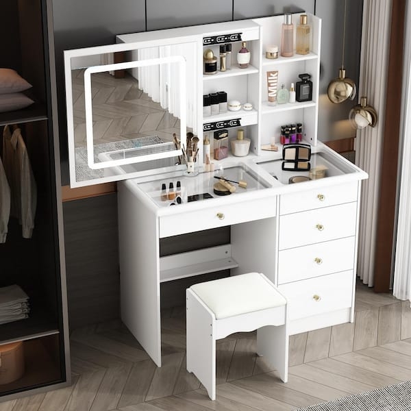 Sliding LED Mirror Vanity with Glass Tabletop & Storage Drawers
