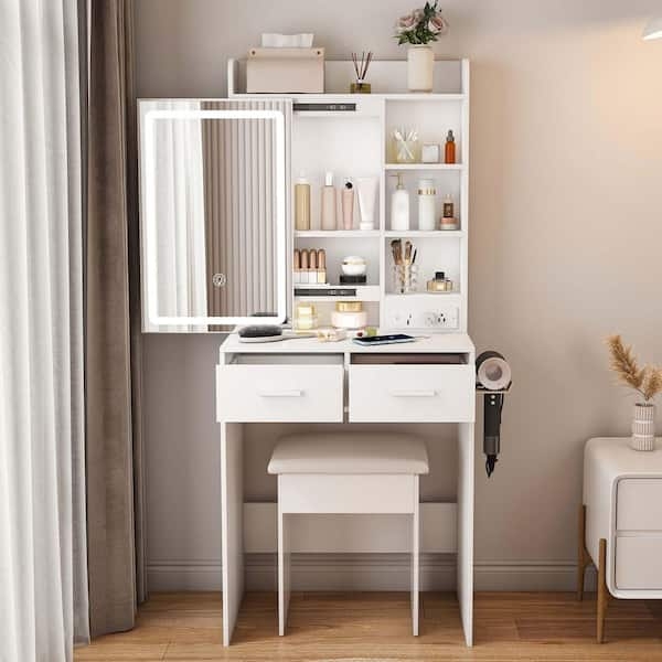Sliding Lighted Mirror Vanity with Side Hairdryer Hook