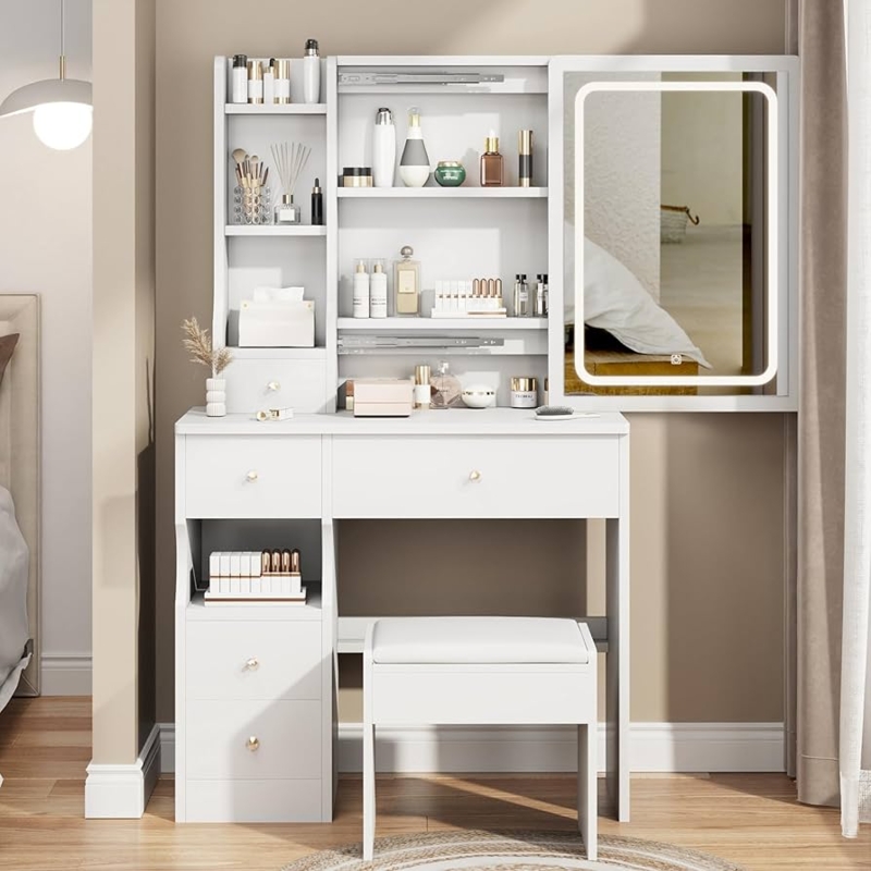 Sliding Track Mirror Vanity with Integrated Hidden Shelving