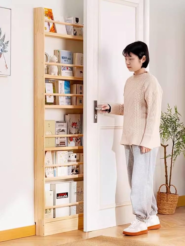Slim Behind The Door Bookshelf with Front Safety Rails, Light Wood