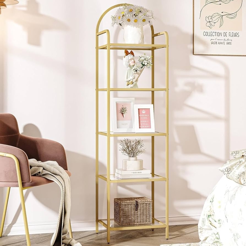 Slim Etagere Shelving Unit, Metallic Arched Top with Five Glass Tiers