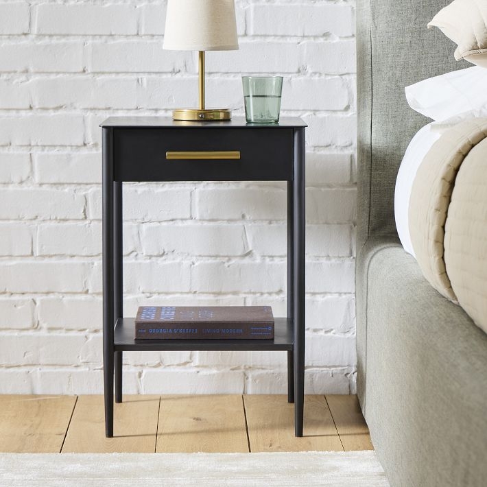Slim Metal Nightstand, Brass Accent, Open Shelf, Single Drawer