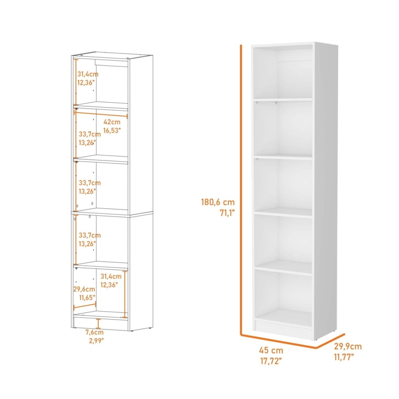 Slim Vertical Bookcase Baseboard Kickplate Five Tier Matte Finish Storage