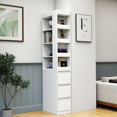 Slim White Corner Bookcase with Three Drawers and Open Shelving