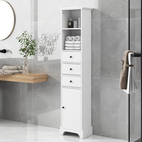 Slim White Linen Tower with Three Drawers and Scalloped Base
