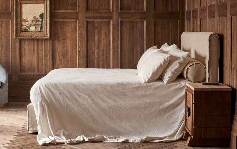 Slipcovered Bed Frame in Warm Oatmeal Linen Fabric