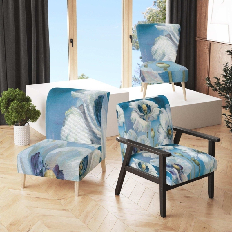 Slipper Accent Chairs, Oversized White Poppy Print, Tapered Legs
