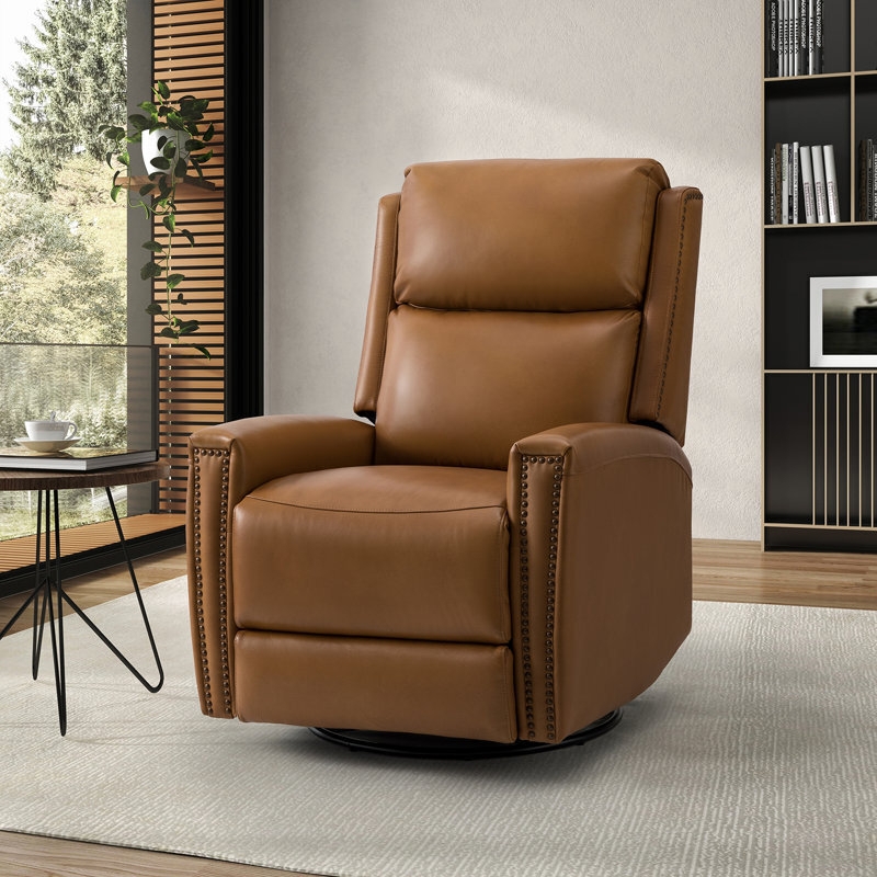 Small Swivel Rocker Recliner Tan Leather Look Nailhead Trim Armchair
