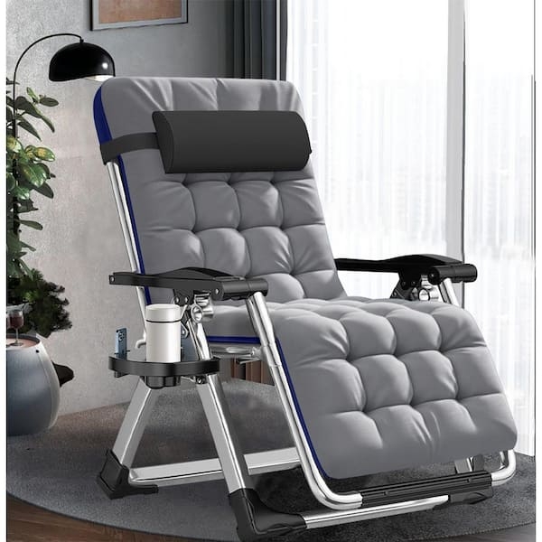 Smoke Blue Tufted Zero Gravity Recliner with Integrated Side Tray