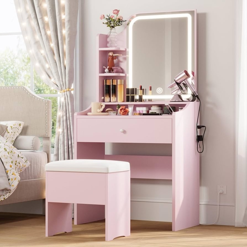 Soft Pink Makeup Vanity with LED Mirror and Built-in Power Outlets