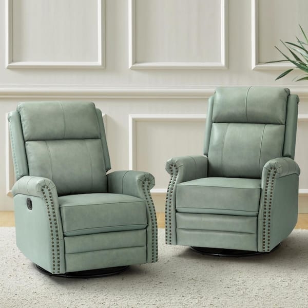 Sonia Transitional Sage 30.5 in. Wide Genuine Leather Manual Rocking Recliner with Metal Base and Rolled Arms (Set of 2)