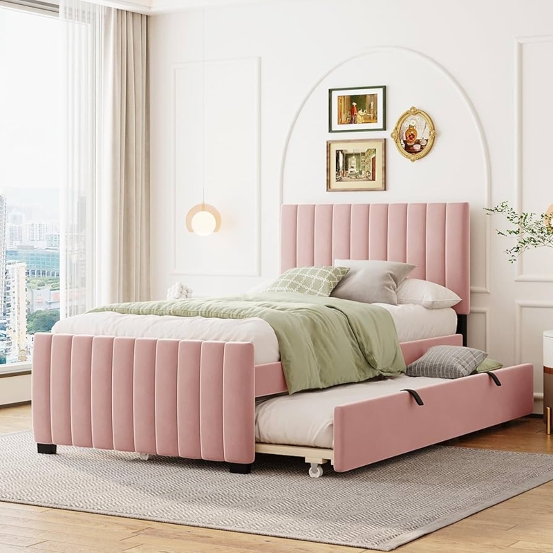 Space-Saving Upholstered Bed with Trundle & Channel Tufting
