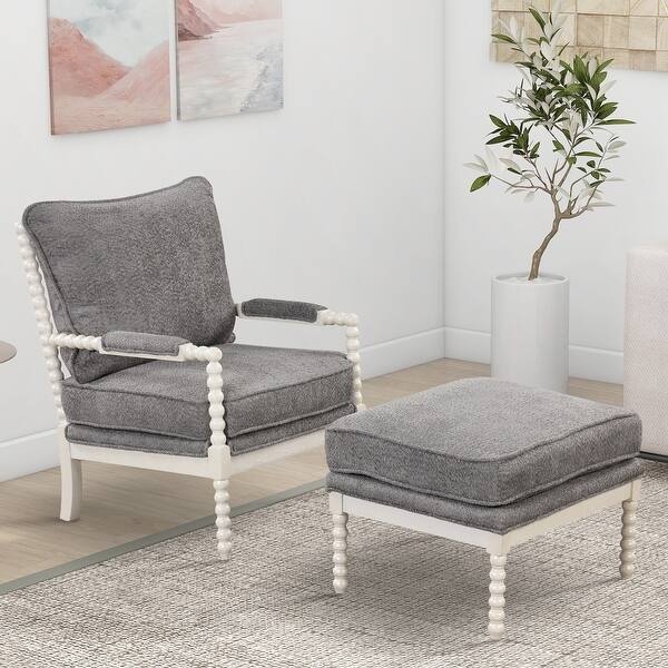Spindle Accent Chair with Ottoman, White Frame, and Bobbin Legs