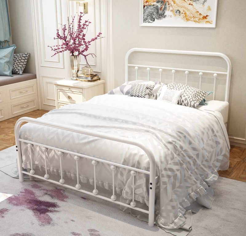Spindled White Metal Bed Frame Curved Corners Farmhouse Style