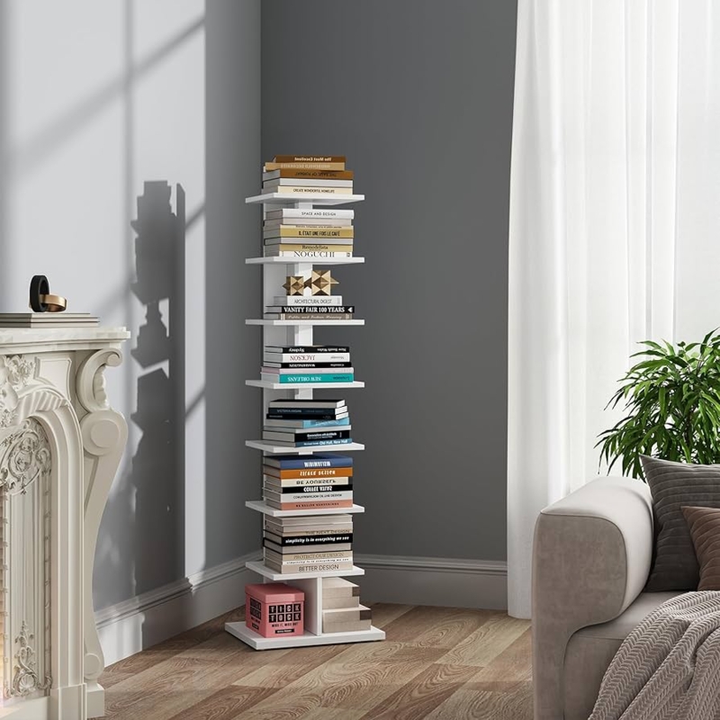 Spine Bookshelf Eight Tier Vertical Stacking Matte Finish Narrow Corner Shelf