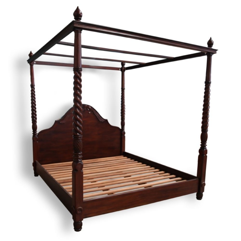 Spiral Post Canopy Bed Dark Brown Wood Curved Headboard Colonial Style