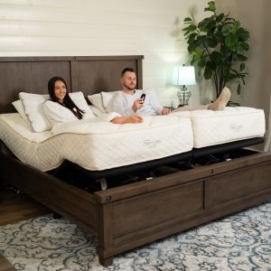 Split Adjustable Bed Base Integrated into Wood Frame Bed