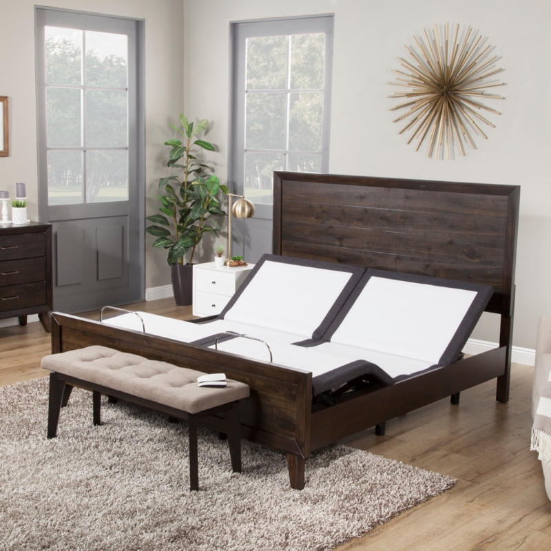 Split Adjustable Bed Base Paired with Dark Wood Plank Headboard