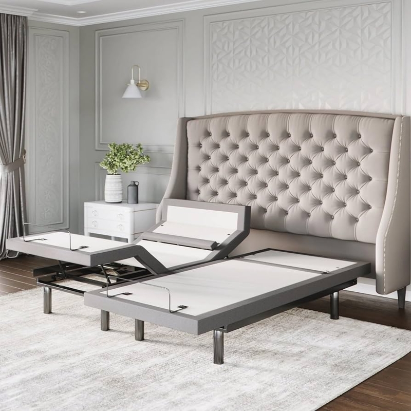 Split King Adjustable Base with Grey Wingback Headboard