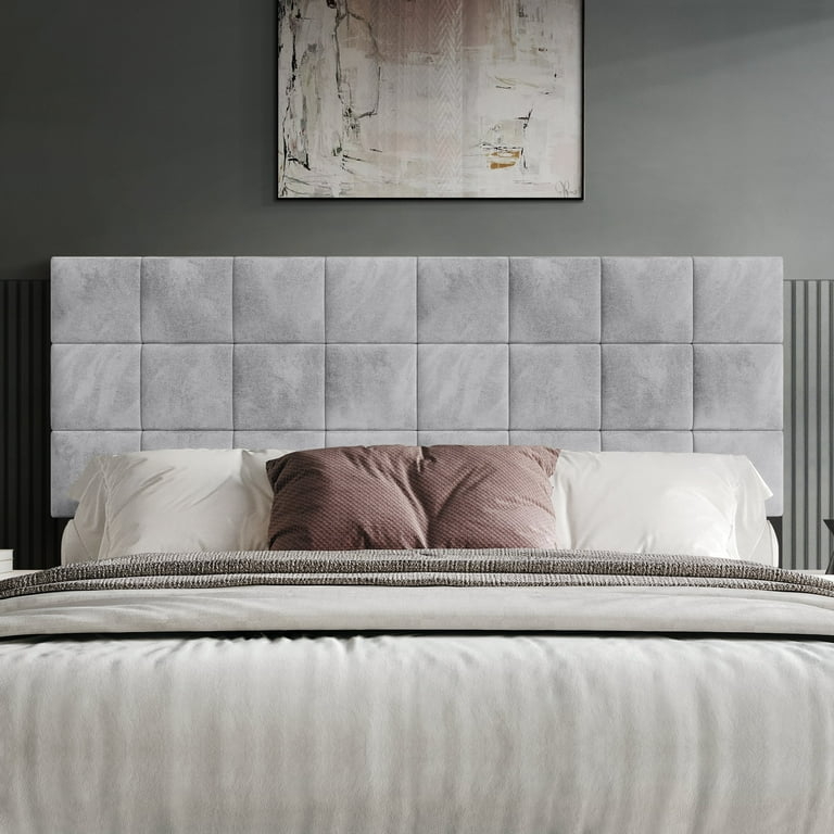 Square Tufted Headboard Silver Grey Velvet Grid Pattern Modern Style