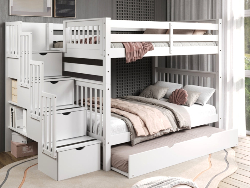 Stairway Storage Bunk Bed Full Over Full with Trundle Bed