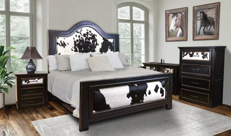 Standard Bed Western Ebony Frame Cowhide Panels Arched