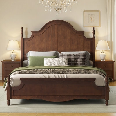 Stately Four Poster Bed with Turned Posts and Dark Wood Finish