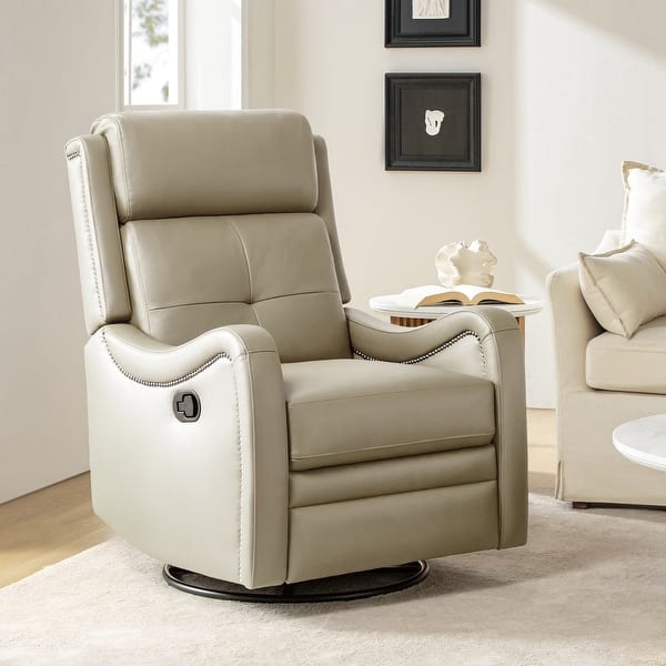 Stone Beige Swivel Rocker Recliner, Button Tufted Nailhead Trim