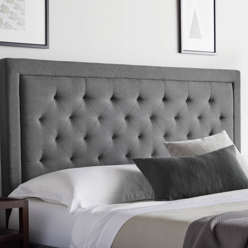Stone Grey Tufted Headboard with Rectangular Frame and Linen-Like Fabric